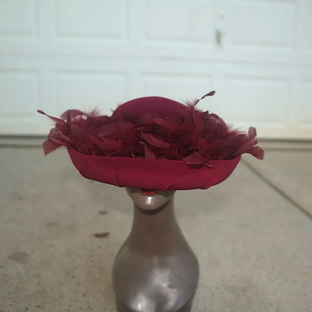Vintage Gilbert and Ivy Burgundy Wool Feather Pillbox Hat / Fascinator